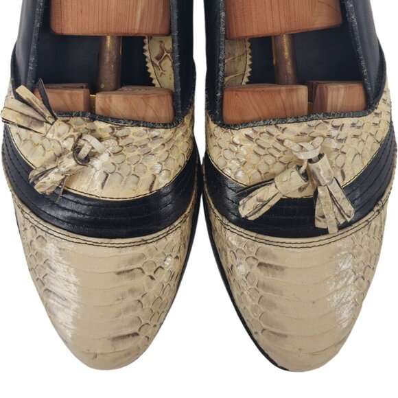 Vintage NEW Exotic Snakeskin 10.5D Dress Shoes Natural Cream Black Tassel Loafer